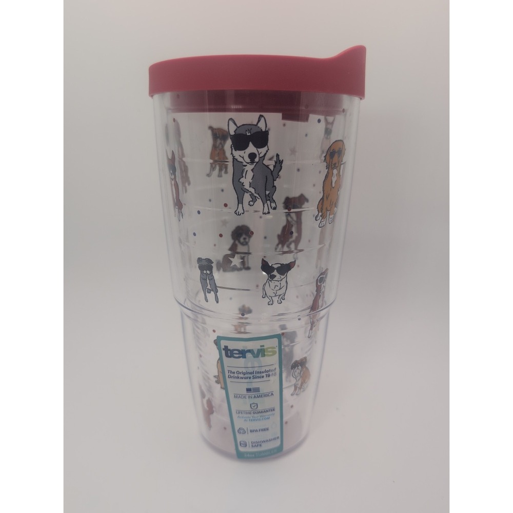 tervis 24oz Tumbler NWT Patriot's Best Friend Dog Pattern with Red Lid Pet